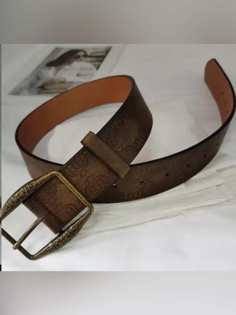 Women's Brown Embossed Leather Belt with Antique-Style Buckle